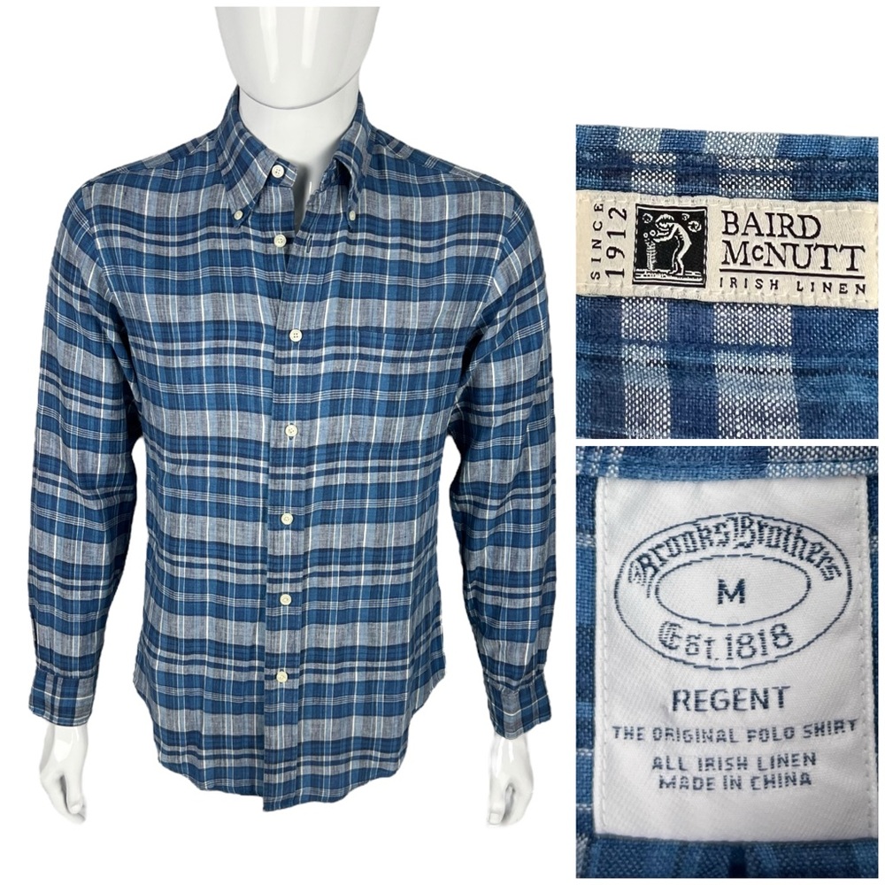 Brooks Brothers Mens Medium Shirt Button Up Irish Linen Blue Plaid Regent EUC